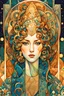 Placeholder: create an abstract cubist, , ethereal, darkly magical illustration of an epic Andalusian sorceress, with highly detailed and deeply cut facial features, in the style of GUSTAV KLIMT, EDWARD BURNE-JONES, WILLIAM MORRIS, and KATHE KOLLWITZ combined with the comic art style of BILL SIENKIEWICZ and JEAN GIRAUD MOEBIUS, searing lines and forceful strokes, precisely drawn, inked, and darkly colored