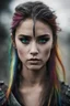 Placeholder: Photoreal gorgeous shot of beautiful girl with multi-colored eyes, warrior, strong, sad, resilient, vivid vertical rainbow on left side only forehead from hairline to eyebrow, long black tears below both eyes, full body, forgotten realms fantasy style by lee jeffries, otherworldly creature, in the style of fantasy movies, shot on Hasselblad h6d-400c, zeiss prime lens, bokeh like f/0.8, tilt-shift lens, 8k, high detail, smooth render, unreal engine 5, cinema 4d, HDR, dust effect, vivid color