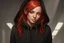 Placeholder: Woman with bright red hair, brown eyes, wearing a black hoodie, realistic, slight smile