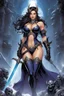 Placeholder: (in the style of Orion, by Masamune Shirow) skinny Ashley Graham, the Necromancer Queen emerges, her twin swords gleaming with dark power. Undead minions heed her command, twisted by her malevolent magic into grotesque servitude. Flanked by monstrous warriors, one decay-shrouded and the other a formidable mass of muscle, she nears the heart of the battlefield as a storm of dread brews above, echoing nature's