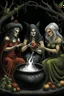 Placeholder: The three witches from macbeth sitting around a streaming cauldron, the one on the left dressed as lady macbeth offering a crown, the middle one dressed as a Spanish gypsy offering herself and the one on the right, naked apart from a fig leaf, is holding out an apple