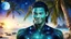 Placeholder: beautiful gorgeous young man na'vi with long hair, Avatar, blue skin, two small ears, green eyes, black hair, in cosmic suit, galactic ambiance, medium pointy goatee , smiling, with spaceship and planets and palm trees and clear crystaline cosmic beach in background