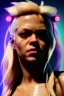 Placeholder: portrait, Shakira, blonde artist, angry, Realistic image, latex style dress. loose long hair, eyes make up, perfect, glow, circle iris. Neon colors, leds, geometric shapes. Dark background, photo studio, neon lights. Cyberpunk, concept art, smooth, unreal engine 5, god lights, ray tracing, RTX, lumen lighting, ultra detail, volumetric lighting, 3d, finely drawn, high definition, 4k.