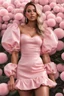 Placeholder: full-body photorealistic girl wearing a pink puff sleeves mini dress, photoreal, realistic, aesthetic nail art