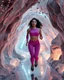 Placeholder: make a video pretty crystal cave covered with jewells and CIFI jewell lights and 3d recursive cubic and sphere base pearls and jwells a beautiful fashion model lady with cute,curvy hair,makeup, in pretty sports suit is running inside cave ,dynamic camera fallow her inside cave capturing full body, dynamic lights.