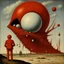 Placeholder: Odd open space, metaphysical, giant red object, very detailed, person, Yves Tanguy