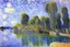 Placeholder: Big epic rock cliff, lagoon, alfred sisley impressionism painting