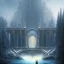 Placeholder: fantasy art, book cover, upper body of big mad wizard in front of the ebony stairs of a bridge or dam ,icy water, on the bridge is a wolf, there is also a hawk and everything is seen from the tree tops