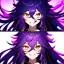 Placeholder: Clear focus, 8k, beautiful lighting, vibrant colors, girl, purple long hair, vibrant golden eyes, messy hair, hair in between the eyes, angry, laughing,