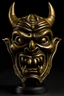 Placeholder: sculpture of a samourai warior head, oni, mouth open, angry face, warrior in black and gold