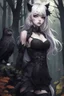 Placeholder: CAT GIRL, goth, forest, nature, cartoon, leaves, half black half white hair, boobs, ravens