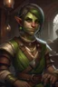 Placeholder: Dungeons and dragons orc woman. She has green skin. She is kind. She is handsome. She has nice eyes. She has short hair. She is strong. She is in a tavern. She has broad shoulders. She has a large jaw. She wears casual peasant clothes. Realistic style