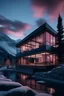 Placeholder: Lake house, pink facade, stone facade, black glass frame, views of the snowy mountain hills of Aspen, blue hour, realistic vray, 8k, modern architecture 8k 8k]