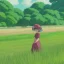 Placeholder: A grass type Pokemon walking through a field of tall and small mushrooms, tiny, made of plants, not human