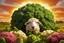 Placeholder: lifelike photography, vegetable and fruit landscape, broccoli forest, chive field, cauliflower sheep, orange sun, whipped milk clouds, raspberry flowers, cheese barn and haystack in sunshine, surrealistic