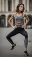 Placeholder: photography of a beautiful anorexic woman, grey satin triathlon top, sports illustrated, brunette short wavy bob haircut, pronounced sternum, flat chest, anthracite short leggins