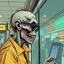 Placeholder: long shot profile decaying shambolic zombie in an 1980's mall at a sunglasses kiosk who is looking into mirror with sunglasses on, by Simon Bisley, digital illustration