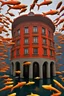 Placeholder: A crazy surreal incandescent building with flying fishes by artist "Sandy Skoglund",by artist "Hundertwasser",by artist "Victor Enrich"