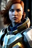 Placeholder: ultrarealistic, ruined city,__mass effect armor__, __angles__, 19 year old woman, strikingly beautiful, ginger hair, silver colour, [__starlets__|__starlets__], (pale __skincolor__ skin:1.2), __camera__, _hair_, detailed face and eyes, medium breasts, leather choker, freckles, dynamic pose, resolved expression, __accessory__, strappy outfit, (straps:1.1), sword in scabard on left hip, (buckles, buttons, snaps, rings:1.0), haltertop style breastplate, detailed eyes, plump lips, sci-fi theme