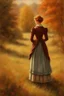 Placeholder: Masterpiece, best quality, Thomas Kinkade style painting of Anne Shirley from behind standing in a field, autumn, oil pastel style, vintage, painted by Thomas Kinkade