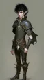 Placeholder: boy elf,he has curly, black hair and sharp cheekbones. His eyes are black. He wears fantasy medieval clothes. he is lean and tall, with pale skin, full body with boots, side view full body side body