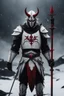 Placeholder: The character, depicted in a striking white armour against a dark wintry backdrop stands with his hands behind his back inside the scene, he has a red and black circular symbol on his chest like a shield, a black pointed spear with a red handle on his back, His eyes are showing a dynamic yet menacing expression and he wears a black oni mask with white teeth covering the bottom part of his mouth he has brown shoulder pads and a white karate belt with a bag attached to it. He has dark brown hair.