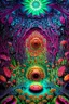 Placeholder: Illustration, Psychedelic art, human eye in a forest full of colourful mushrooms, vivid colours, intricate details, maze, gears, in the style of H.R.Giger, , ultra detailed, photorealistic, top light, 35mm lens, fish-eye