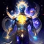 Placeholder: A divine being made from the combination of water and sun with cosmic powers and Dracula God-like man with infinite power who owns the galaxies and wears a beautiful crown A battle suit made of galaxies and stars with a glove that has seven endless stones