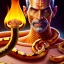 Placeholder: portrait of dhalsim with snake hair,flame, smoke, fence, yoga artist on a boat in the air, maze background , levitated lab equipment, 4k, Highly Detailed, Masterpiece, perfect eyes, Digital Illustration, Cinematic Lighting, Realistic, Sharp Focus, Centered, Beautifully Lit, Bioluminescent by Stanley Artgerm Lau