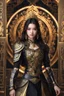 Placeholder: Realistic photography,front_view, (1girl, looking at viewer), black long hair,traditional dress ornaments mechanical_armor, intricate armor, delicate golden filigree, intricate filigree, black metalic parts, detailed part, dynamic pose, abstrac background, dynamic lighting