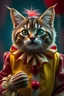 Placeholder: Photo Realistic, 8k. A hyper-detailed. A stunning concept model, Postproduction and HDR enhance, making it a masterpiece of ultra-realistic. Funny British breed cat in a clown costume from the movie It