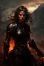 Placeholder: A formidable warrior girl in black armor, on the background Amazing gloomy landscape, flooded with sunset, mountains, trees, fabulous scary hero, , juicy emotions, painting, dark fantasy, bad weather, gloomy day, dark world, by Raymond Swanland & Alyssa Monks & Anna Razumovskaya & James Paick