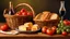 Placeholder: A realistic still life painting of a rattan bucket made of rattan woven straw, filled with a variety of baked Italian and French breads, cheese and few bottles of homemade wines, and fresh tomatoes already picked up. The rattan bucket is placed on a oak wooden table with a handmade tablecloth appealing color, and some of the produce spills out of it onto the table, creating a contrast of colors and shapes