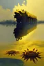 Placeholder: yellow water of lake with bridge of sunflowers and tanks and in fuggy sky with dim sunlight