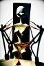 Placeholder: a surreal abstract image of a woman seated on a table,facing to the front ,she is connected to string like a puppet, arms in air, moved by the strings, puppet like features in the face, beautiful face, behind her also facing the front is the puppet master,is a huge image of a man holding the strings, creepy gothic character,.zoomed in, dark and shadowy background with selective lighting on the woman, gothic and chaotic