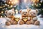 Placeholder: cute teddy bears holding hearts covered in sparkling gold glitter, beautiful winter composition, snowflakes, pine branches, Christmas ornaments and glowing Christmas lights