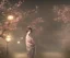 Placeholder: misty foggy area with a girl in a floral kimono in the middle of a bright japanese village at night