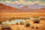 Placeholder: clouds, arid land, distant mountains, dry trees, pond, claude monet impressionism painting