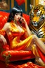 Placeholder: A digital painting by Kuniyoshi and Sorayama of a beautiful gynoid with a yellow dress sitting in a red couch next to a tiger's head.