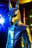 Placeholder: Maskorama, man inside donkey suit. Bank hall. Sweet lightening. Band playing. Downlight. 4 k. Depth of field. Art. Reflections. Spotlights. Scene props. Performance. Glitter. Detail. Spray paint.