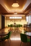 Placeholder: A 3D hyperrealistic image in 4K resolution of a modern party and birthday room approximately 100 square meters in size, with elegantly arranged tables, vibrant green chairs, and an abundance of warm soft light casting a celebratory ambiance, featuring a sleek kitchenette with stainless steel appliances and polished countertops, where guests can gather and mingle, surrounded by the warm glow of tabletop lamps and the subtle sheen of glossy flooring, with every detail meticulously rendered to crea