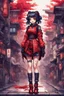 Placeholder: anormal, smile, blood, girl cute, full body, beautiful cyberpunk petit girl, hyperdetailed, behind made 8bits and Pixel Art, watercolor illustration by <Katsushika Hokusai>, darkred tones,