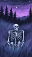 Placeholder: A sketchy oil painting from behind a skeleton sitting in the grass on the top of a hill, lookin into the night sky. A Forrest in the background. Painting. Purple colours. Blue colours. Night. Melancholic mood. Colorful.Pastel colours. Masterpiece.
