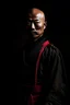 Placeholder: A bald samurai with half body image in a dark surround light on the samurai