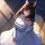 Placeholder: Clear focus, High resolution, Long fluffy brown hair, blue eyes, wearing a white skirt, detailed outfit, wearing a jacket oversized off shoulder, rough line, hair above ears, dog ears, off shoulder white shirt, chopped bangs