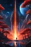 Placeholder: [spaceship, art of Studio Ghibli] The Stellaris nears the blue planet,Its red forests beckon with allure.The starship descends, flames ablaze,Through the celestial descent it endures.Stepping onto the crimson soil,The crew is awestruck by the vista.Towering trees, aglow with inner light,Creatures dart amidst the surreal landscape.