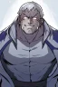 Placeholder: A manga-style portrait of a 35-years old male Shinigami, in the style of "Bleach", tall and muscular, with wild silver-gray hair, steel-colored eyes, and a scar across his left brow and cheek. He wears a tattered captain's haori of the 11th Division, open kimono revealing a dragon claw tattoo on his chest, and metallic claws on his forearms. He smirks defiantly, standing in a dynamic pose with silver reiatsu swirling around him.