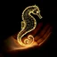 Placeholder: 3d hologram of a seahorse made entirely out of light beams transmitted onto a palm of a hand, shimmering translucent electric glowing lines, chiaroscuro, black background, contoured 3D hologram art,