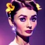 Placeholder: Audrey Hepburn has purple effect. She has beautiful eyes, Her hair flies in the air. with yellow flowers for hair, closed eyes, rtx, reflection, 8k, glow, winning photography, caustics