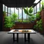 Placeholder: realistic image, high quality, a Terarrium standing on a wooden table, the wall behind it is black, inside the terarrium are tropical plants placed horizontally at the back wall. the floor of the terarrium is covered in black sand, on the black sand a bunch of exotic looking mushrooms are growing